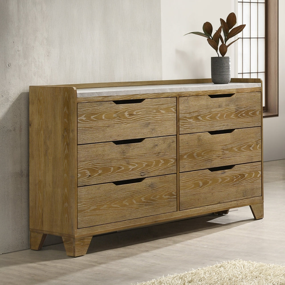 English Elm Transitional Six Drawer Solid Rubberwood Dresser Warm Aspen Brown Bedroom Storage B2741P411512