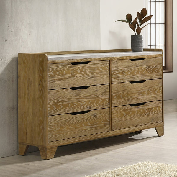 English Elm Transitional Six Drawer Solid Rubberwood Dresser Warm Aspen Brown Bedroom Storage B2741P411512