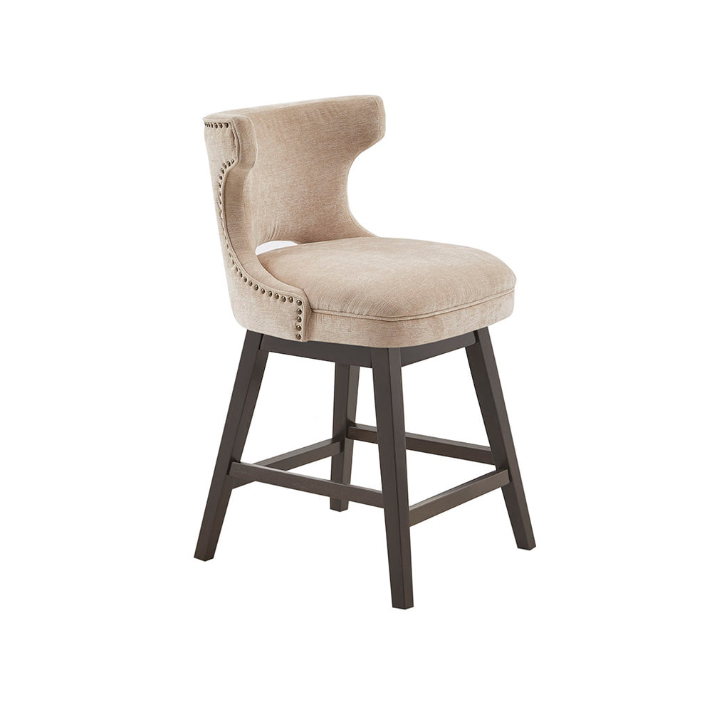 JLA Home Madison Park - 25.75" Swivel Counter Stool Beige Upholstered Seat, Dark Coffee Wood Frame, 360° Swivel, Nailhead Trim MP104-1105