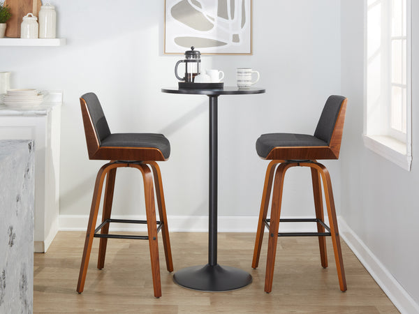 English Elm Fixed-height Swivel Barstools Mid-century Walnut Legs Charcoal Upholstered Seat Set of 2 B202S02155