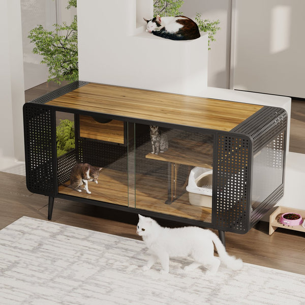 English Elm 55.12 Inch Fir Wood Iron Frame Cat Enclosure with Tempered Glass Doors for Home W757119335
