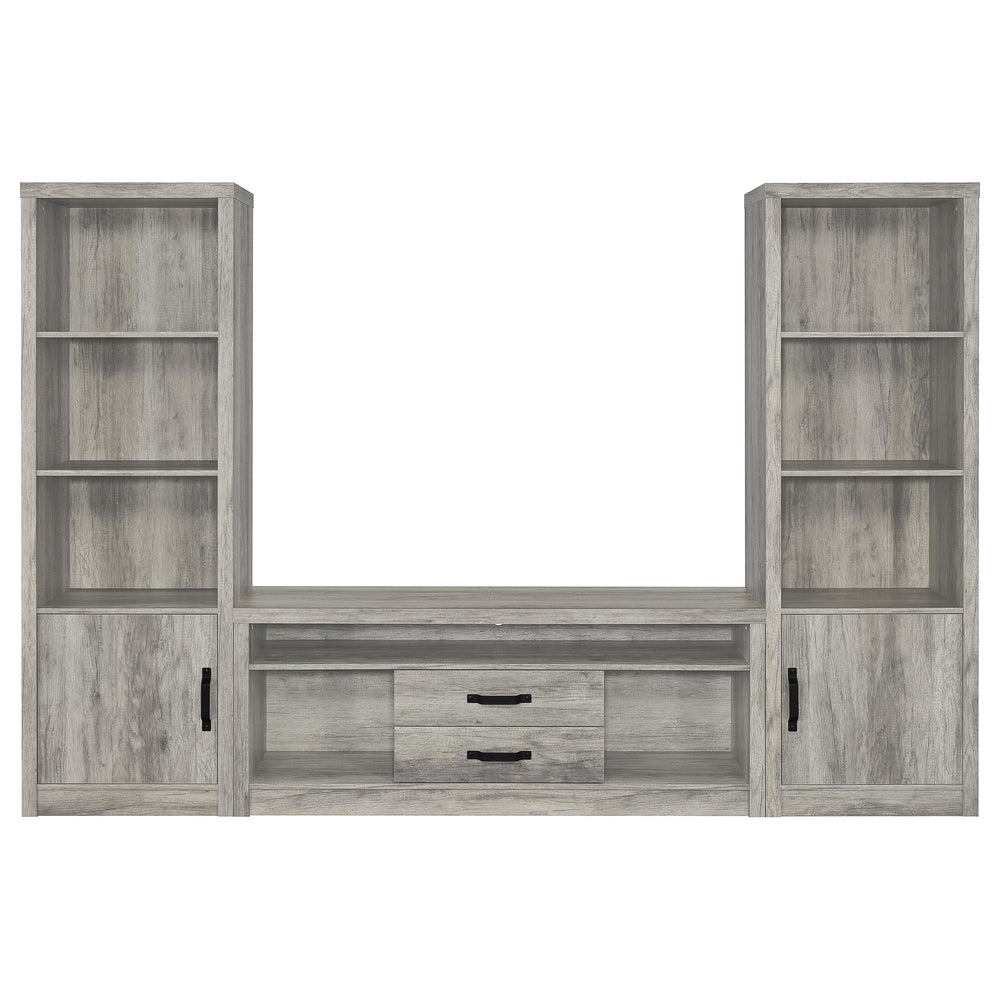 English Elm Conifer Three Piece Media Center with Driftwood Laminate Finish for Modern Living Rooms B062S01436