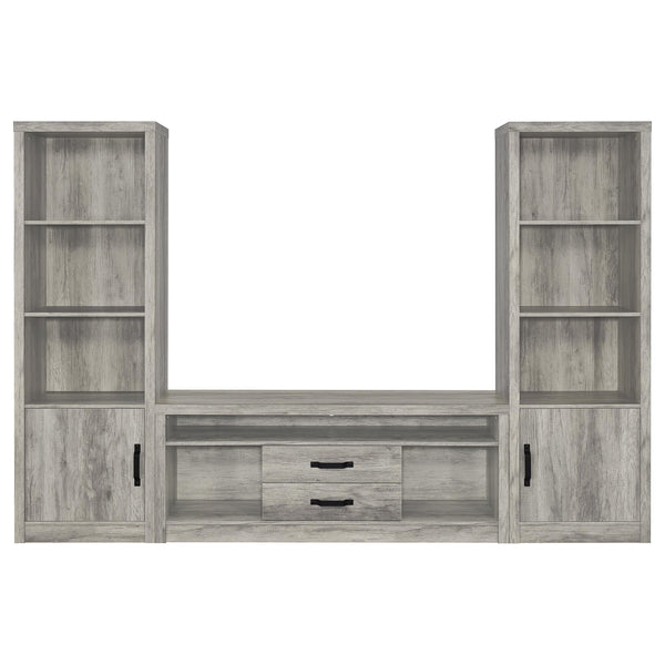 English Elm Conifer Three Piece Media Center with Driftwood Laminate Finish for Modern Living Rooms B062S01436