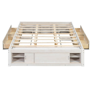 English Elm Queen Platform Bed with Four Storage Drawers Footboard Cubby Modern Low Profile Frame White LP000138AAK
