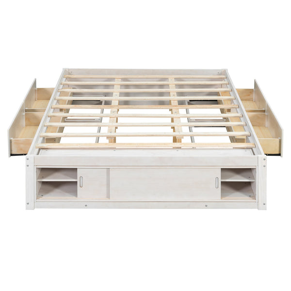 English Elm Queen Platform Bed with Four Storage Drawers Footboard Cubby Modern Low Profile Frame White LP000138AAK