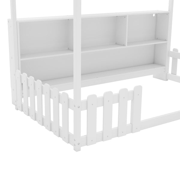 English Elm Twin House Bed with LED Light and Built-In Bookshelf, Solid Wood Playhouse Design for Kids Safety White 78.15 L x 15.75 W x 6.1 H W2593P269087