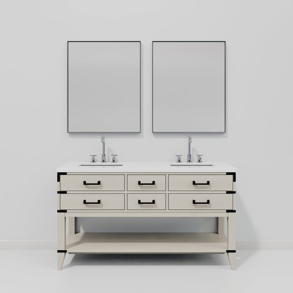 English Elm White Oak Double Bath Vanity Set With White Quartz Top, Chrome Faucets & 28" Mirrors For Elegance B2731S01891-GIGA