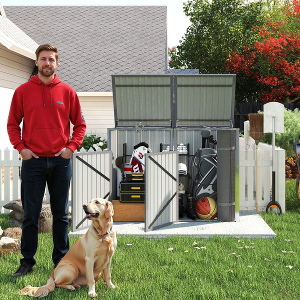 English Elm Garbage Bin Shed Galvanized Steel Enclosure for Two Cans Outdoor Weather Resistant Light Gray W1598P357715