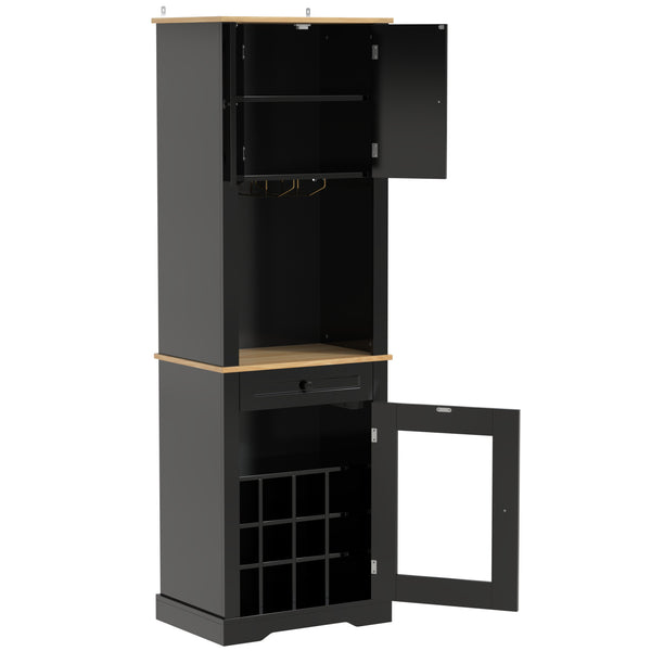 English Elm Bar Cabinet Farmhouse 69 Inch with Rgb Led Barn Door Wine Rack and Charging Station Black N728P438603B