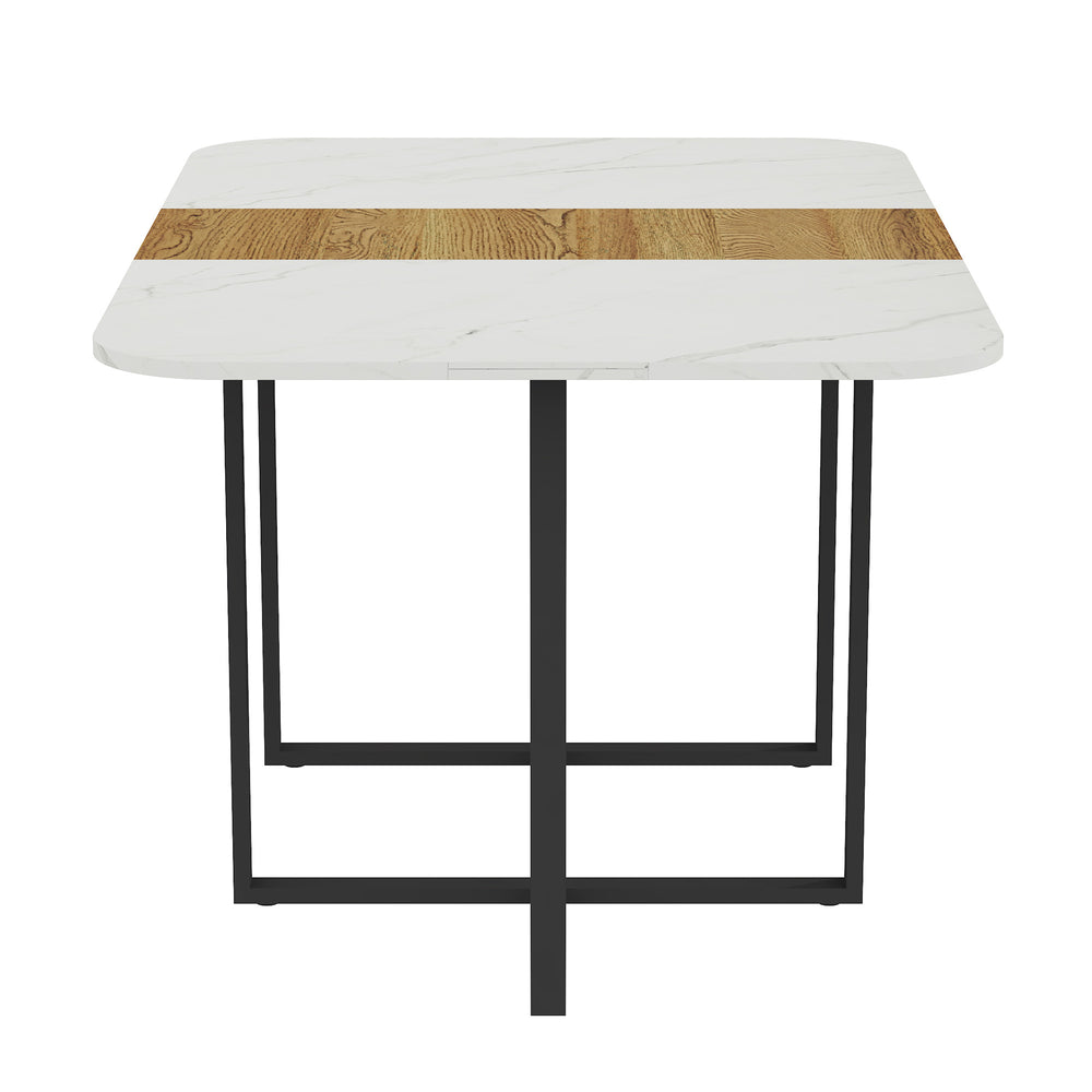 English Elm Modern Faux Marble Walnut Dining Table Geometric Black Base Seats Six W3875P372866