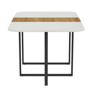 English Elm Modern Faux Marble Walnut Dining Table Geometric Black Base Seats Six W3875P372866