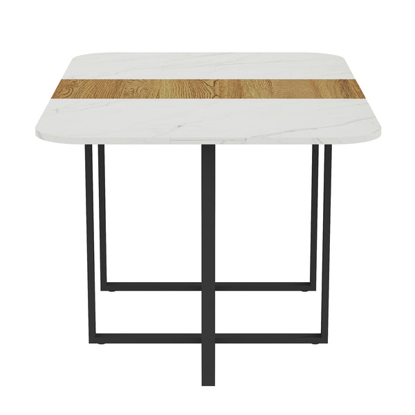 English Elm Modern Faux Marble Walnut Dining Table Geometric Black Base Seats Six W3875P372866