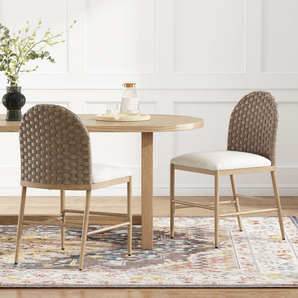 English Elm Farmhouse Armless Dining Chairs Set of 2 Woven Rattan Back Iron Frame Cushioned N762P329084D