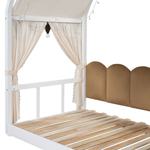 English Elm Twin Pinewood Ground-Level Canopy Bed with Arched Roof and Trundle for Kids—Whimsical, Sturdy Design White N820P181648K