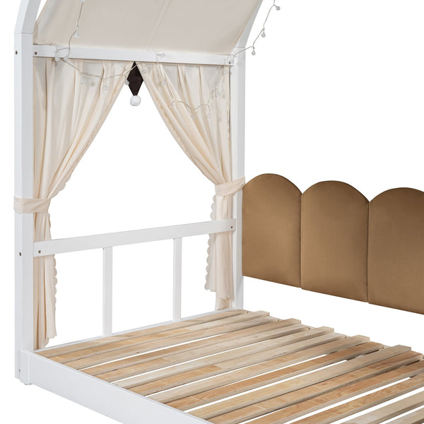 English Elm Twin Pinewood Ground-Level Canopy Bed with Arched Roof and Trundle for Kids—Whimsical, Sturdy Design White N820P181648K