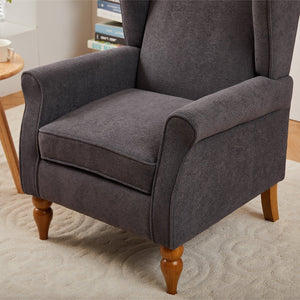 English Elm Coffee Table & Armchair Set with Vintage Roman Column Legs, Breathable Fabric, Solid Rubberwood Craftsmanship Antique Dark Grey W2989P339879