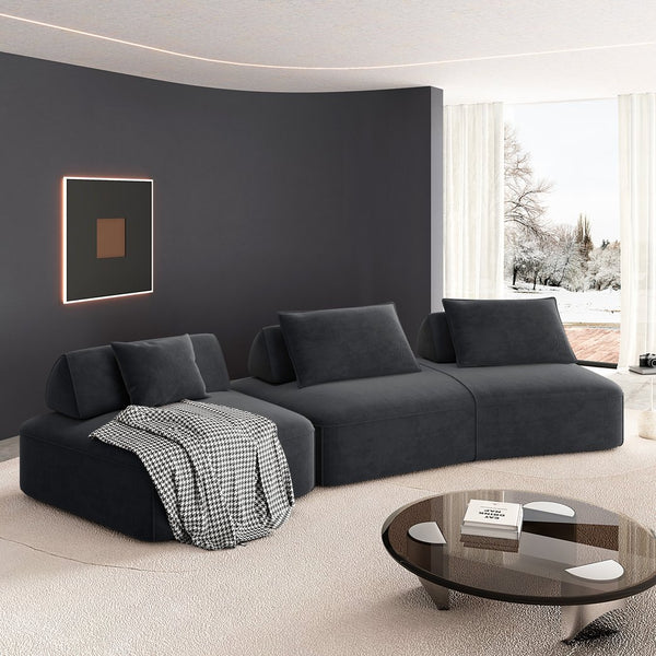 English Elm 139" Modern Oversized Modular Sectional Sofa Set - Fluffy Chenille Upholstery, Deep Seats, Removable Backrests, Plush Pillows, No Assembly Required DARK GREY W3219S00002