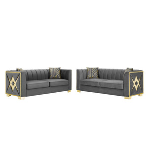 English Elm 81" Tufted Velvet Chesterfield Sofa with Gold Steel Legs for Elegant Living Rooms Gray W1191S00073