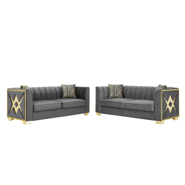English Elm 81" Tufted Velvet Chesterfield Sofa with Gold Steel Legs for Elegant Living Rooms Gray W1191S00073