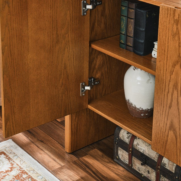English Elm Walnut-colored Rustic Sideboard Buffet Cabinet with Solid Wood Veneer, Hidden Handles, Adjustable Shelves (33.9"x15"x31.5") W1801P195597