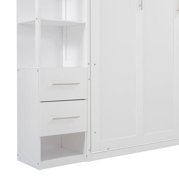 English Elm Queen Murphy Wall Bed with Led Lighting Open Shelves Drawers Space Saving Cabinet LP000566AAK-4