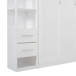 English Elm Queen Murphy Wall Bed with Led Lighting Open Shelves Drawers Space Saving Cabinet White LP000566AAK-3