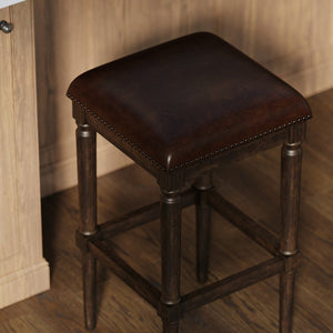 English Elm 27"h Square Faux Leather Counter Stool Solid Wood Carved Legs Distressed Walnut Finish B2751P436462