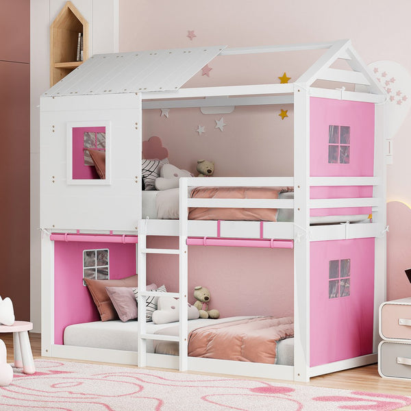 English Elm Twin Treehouse Bunk Bed Solid Pine Playhouse Frame with Cozy Canvas Tent Hideaway LT000379AAH-1