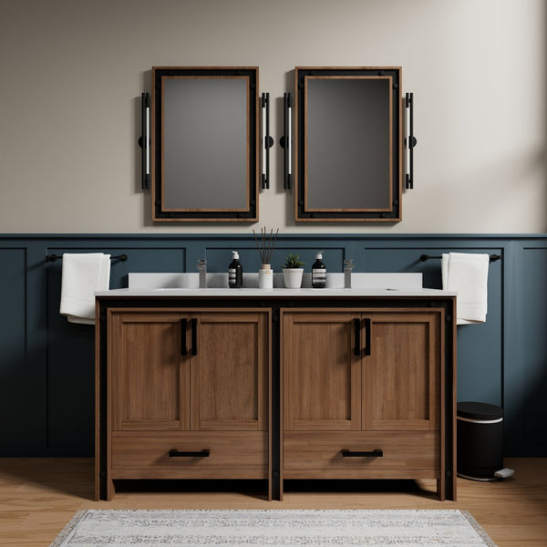 English Elm Rustic Barnwood Double Bath Vanity 60" W with White Quartz Top, Chrome Faucets, 22" Mirrors, Durable Finish B2731S01128