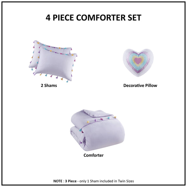 English Elm 3 Pcs Twin Tassel Comforter Set With Heart Pillow - Soft Lavender Bedding For Kids & Teens' Rooms B035P319894