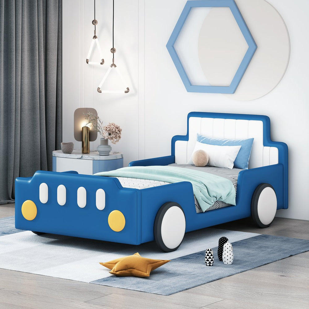 English Elm Twin Race Car-Shaped Platform Bed with Safety Rails and Sturdy Slats for Kids’ Room Comfort Blue SF000127AAC