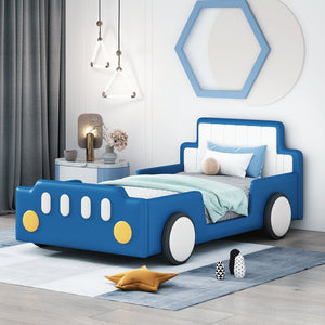 English Elm Twin Race Car-Shaped Platform Bed with Safety Rails and Sturdy Slats for Kids’ Room Comfort Blue SF000127AAC