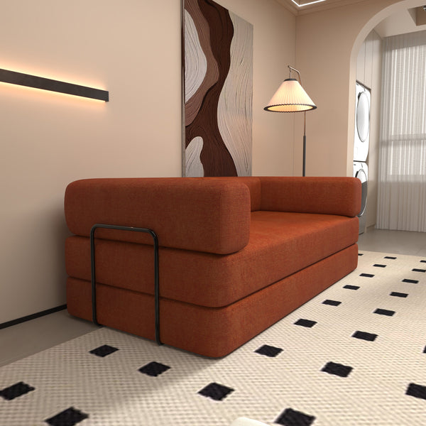 English Elm Convertible Floor Sofa Bed Orange Corduroy 3-Seat Sleeper with Cylindrical Pillow, Foldable Lounge W1960P411414