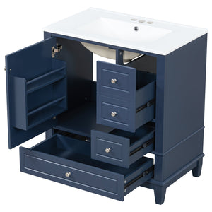 English Elm Christopher Knight Home® - 30" Freestanding Bathroom Vanity with Ceramic Sink, Soft-Close Door, Gold Knobs & 3 Drawers, Durable Painted Finish Blue N759P225994C