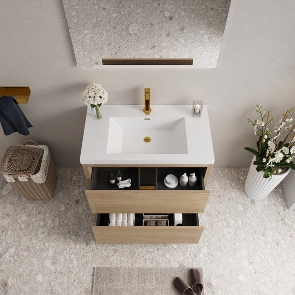 English Elm 36'' Floating Vanity Fluted Front Smoked Walnut Soft Close Drawer Quartz Basin W1920P385555