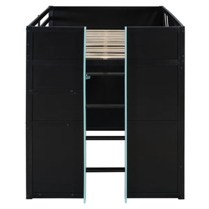 English Elm Full Size Loft Bed with Desk Blackout Curtains Rgb Lighting and Integrated Storage Black+Blue LT000377AAC