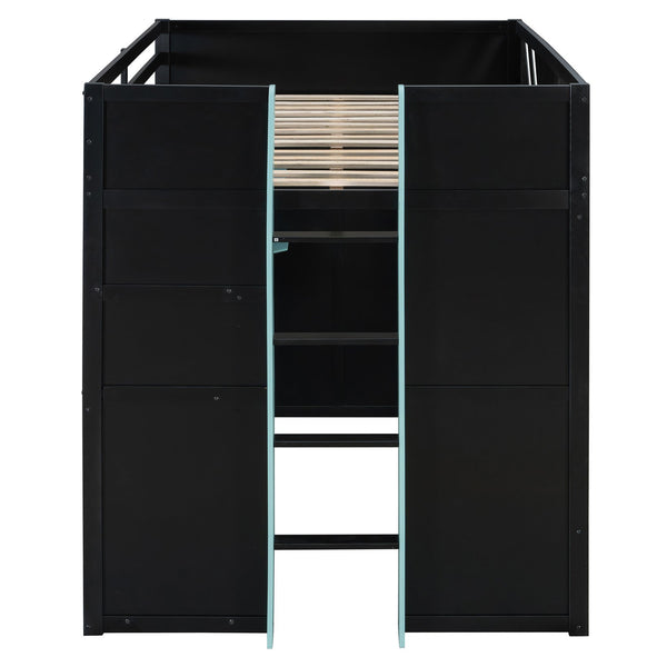English Elm Full Size Loft Bed with Desk Blackout Curtains Rgb Lighting and Integrated Storage Black+Blue LT000377AAC