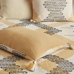 JLA Home INK+IVY - 3 Piece Cotton Duvet Cover Set with Yellow-Grey Geometric Print, Tassels, Reversible Solid Back, Breathable Cotton II12-1114