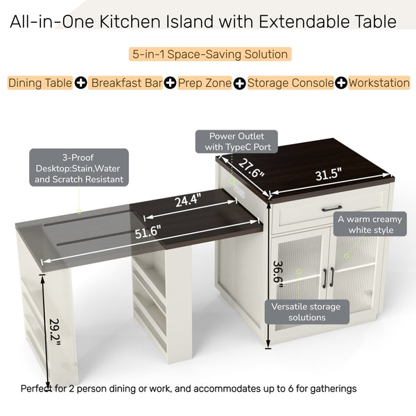 English Elm 83.1'' Extendable Kitchen Island Prep Station with Walnut Woodgrain and Built-in Power Hub W2557S00002