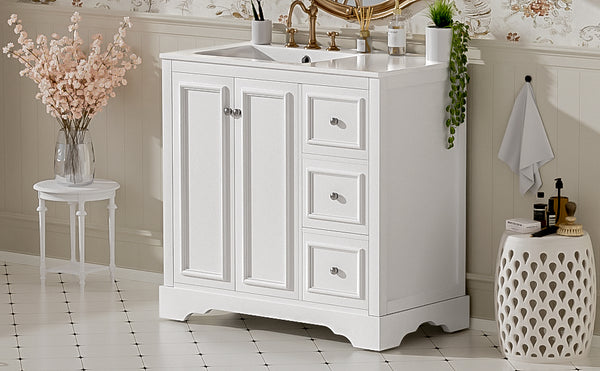 English Elm 36'' Transitional Bathroom Vanity with Ceramic Sink, Solid Wood Frame, Adjustable U-Shelf & Soft-Close Doors White N729P292966K
