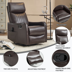 English Elm Blue Fabric Swivel Rocker Recliner with Massage Heat Nodes for Living Room Comfort Brown Pu W1803P321813