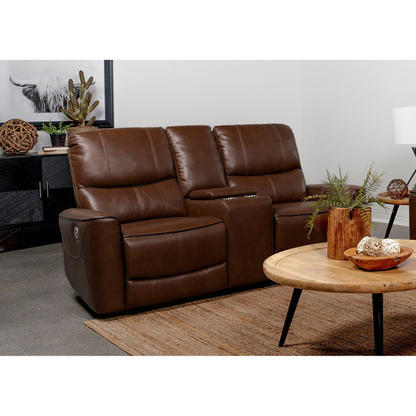 English Elm Denson Saddle Brown Power Reclining Loveseat with Console, Cup Holders & Easy-Care Leatherette Comfort B062P353262