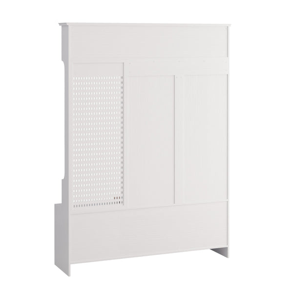 English Elm Multi-purpose Hallway Hall Tree with Linen Cushion Bench, Pegboard, Hooks, Drawers & Shoe Storage White W757P196820