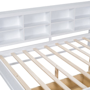 English Elm Wooden Full Size DayBed with Trundle, Pine Frame, Dual Storage Shelf and Built-in USB Charging Ports White 57.7 L x 16.25 W x 6.7 H N733S347772K