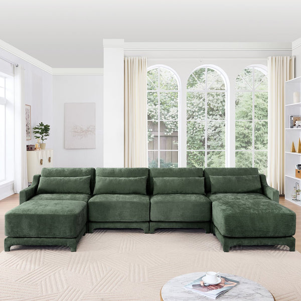 English Elm Four-Seater Sofa Set With Movable Ottoman, Ergonomic Lumbar Pillow, Premium Chenille Upholstery, Green W714S01222