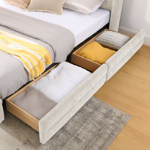 English Elm Queen Chenille Upholstered Storage Bed Wingback Headboard Platform Frame Bedroom Beige W487S00417