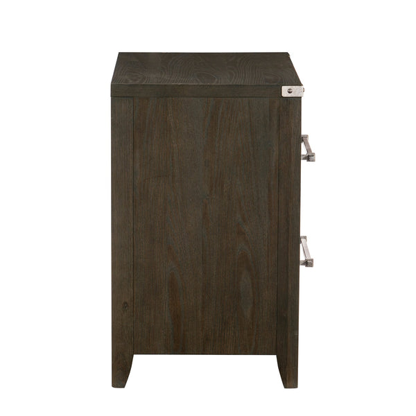 English Elm Dark Brown Bellamy Nightstand with 2 Drawers, Ash Veneer Finish and Mottled Silver Bar Pulls — Modern Transitional Bedroom B011P212249