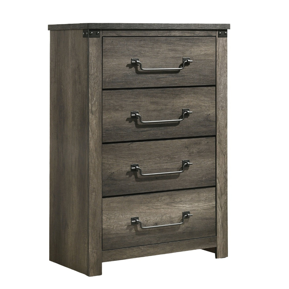 English Elm Rustic 4-Drawer Chest 33"W x 48"H Rustic Gray Finish Antique Brass Drop Handles English Dovetail Strength B2741P369850