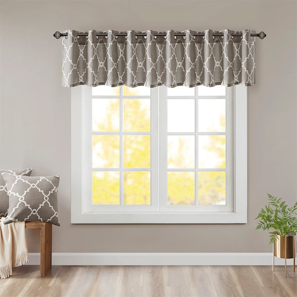 JLA Home Madison Park - Fretwork Metallic Fretwork Print Valance with Grommet Top — Textured Cotton-Blend Light Filter Grey/White MP41-2020