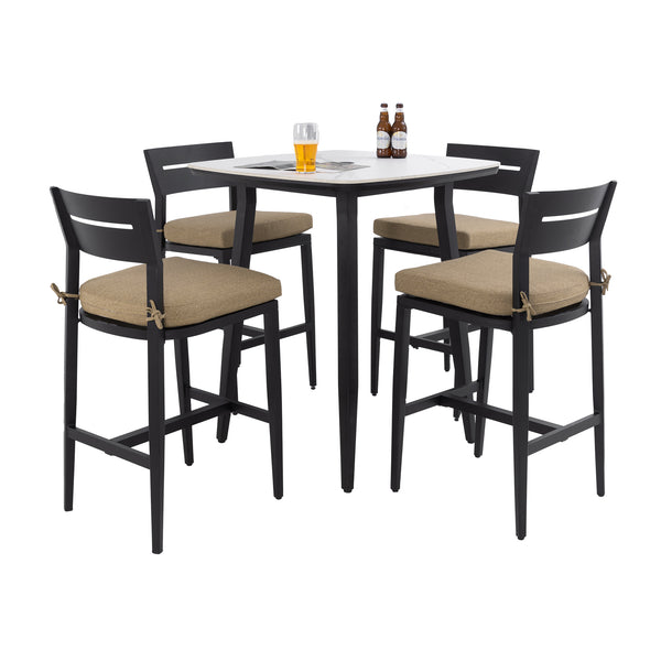 English Elm Modern 5Pc Outdoor Patio Bar Set With Elegant Sintered Stone Table & Comfortable Aluminum Stools W1886S00034